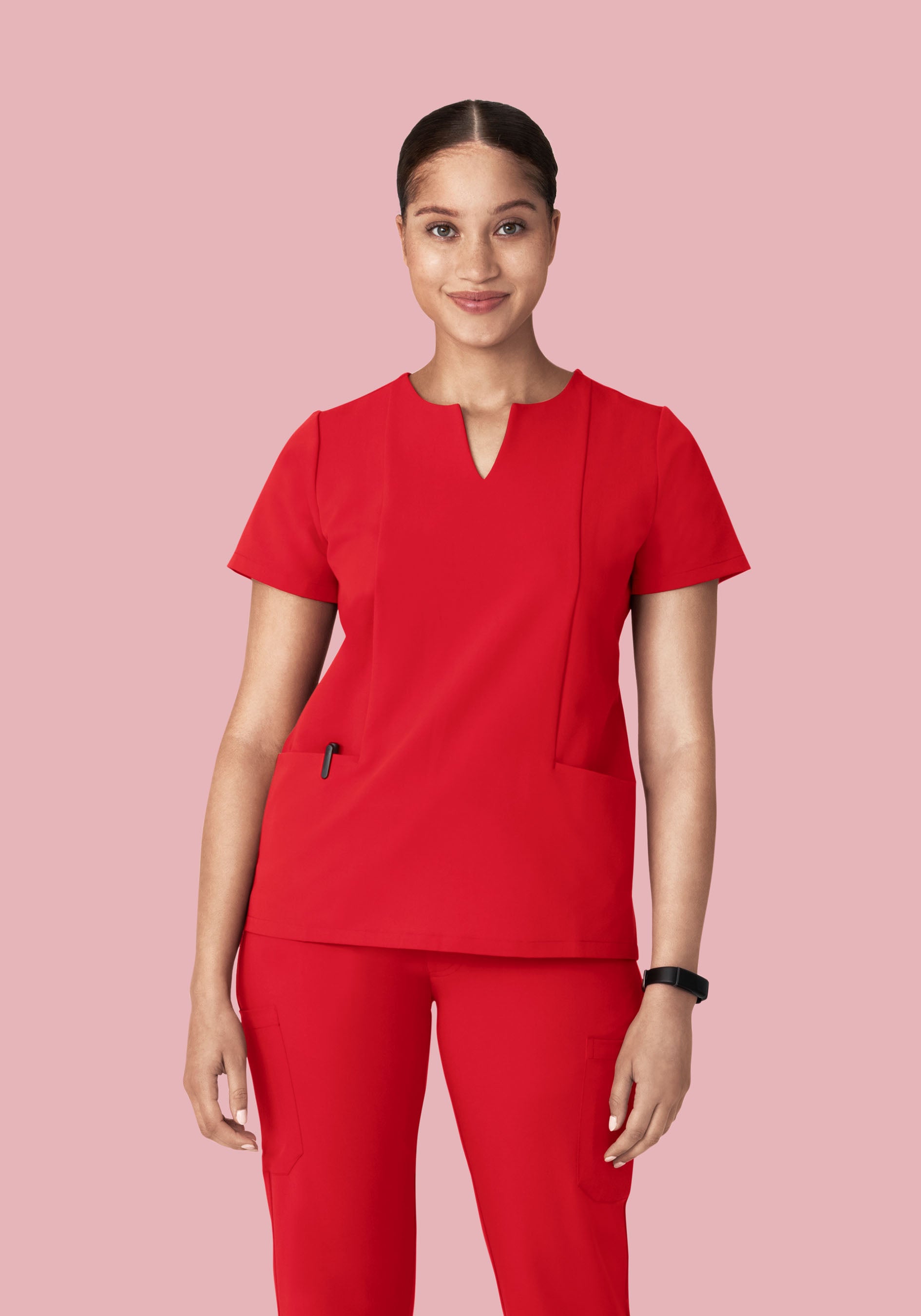 Poppy Red Notch Neck Top with 5 Pockets - Mandala